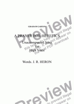 page one of SONG - A PRAYER FOR HERETICS for Unaccompanied High Voice - Words: J. R. Heron (Unperformed as yet)