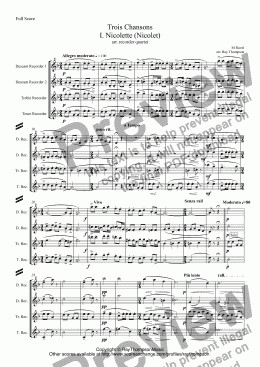 page one of Ravel: Trois Chansons  (I.Nicolette,II.Trois beaux oiseaux du Paradis, III.Ronde) arr. recorder quartet