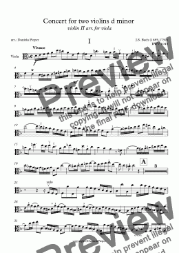 page one of J.S: Bach Concert for two violins d minor  violin II arr. for viola