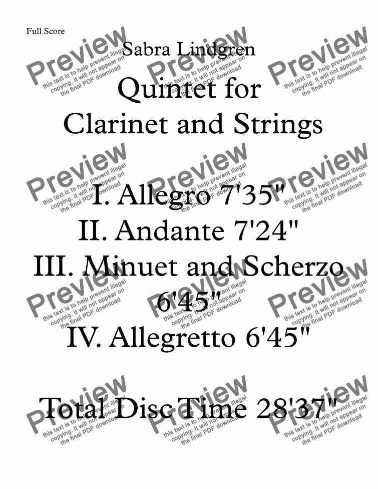 page one of Quintet for Clarinet and Strings I. Allegro