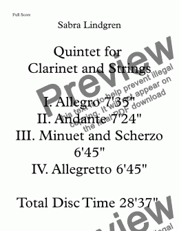 page one of Quintet for Clarinet and Strings III. Minuet and Scherzo