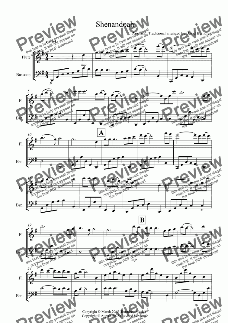 page one of Shenandoah for Flute and Bassoon