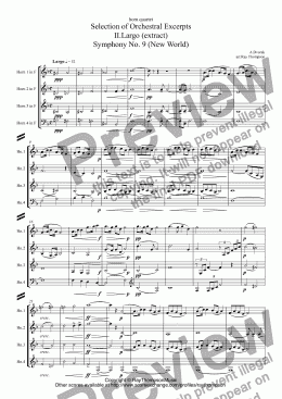 page one of Selection of Orchestral Excerpts arr. horn quartet: Largo Symphony No.9 (New World)(Dvorak), Hänsel ind Gretel (Prelude)(Humperdinck),Notturno: Midsummer Night’s Dream (Mendelssohn), Overture to Semiramide (Rossini) and Pilgrims Chorus Tanhauser:Wagner