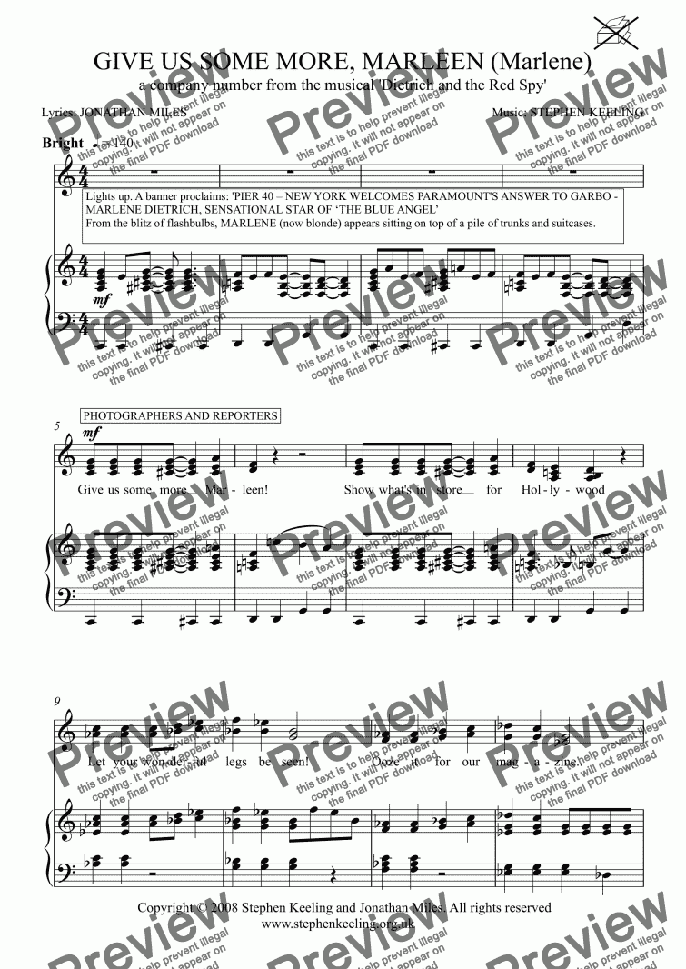 page one of GIVE US SOME MORE, MARLEEN (Marlene) - a company number from the musical ’Dietrich and the Red Spy’ 