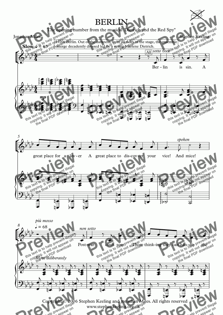 page one of BERLIN - The opening number from the musical Dietrich and the Red Spy