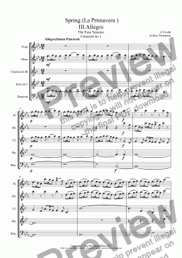 page one of Vivaldi: Four Seasons:Spring (La Primavera ) III.Allegro ("Nymphs and Shepherds")(transposed in Eb) arr.wind quintet