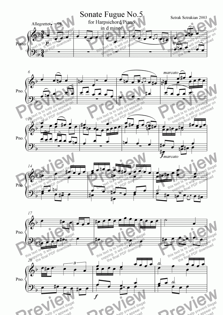 page one of Sonate Fugue No.5 in d minor for Harpsichord