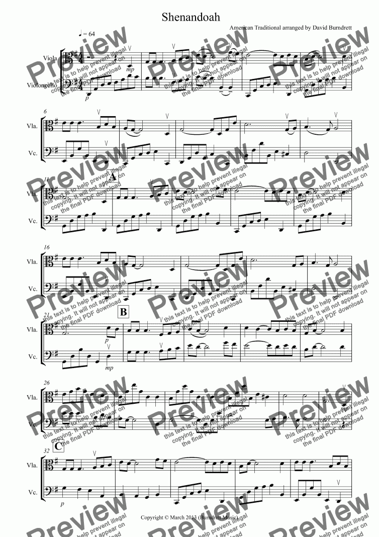 page one of Shenandoah for Viola and Cello