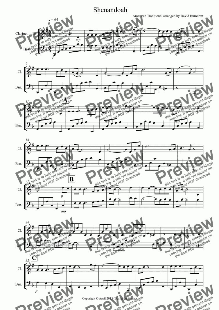 page one of Shenandoah for Clarinet and Bassoon