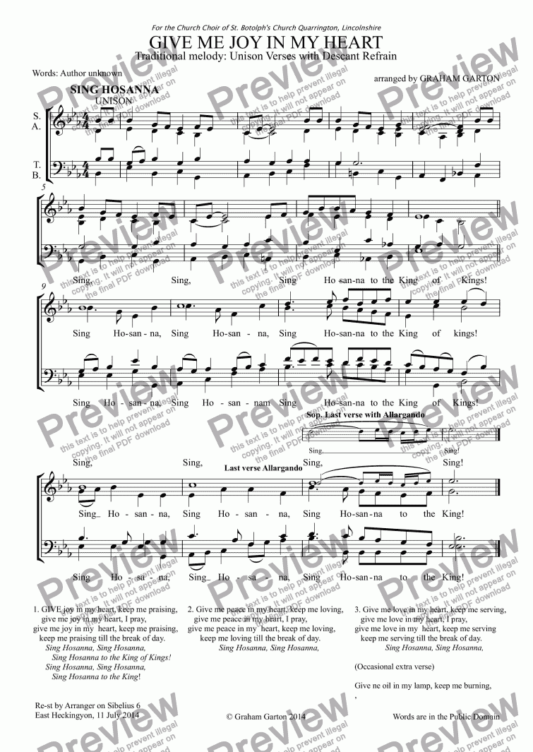 page one of DESCANT - ’GIVE ME JOY IN MY HEART’ - Traditional melody with Last Verse Descant Refrain for SATB Choir - Useful for Weddings. 1-page arrangement.