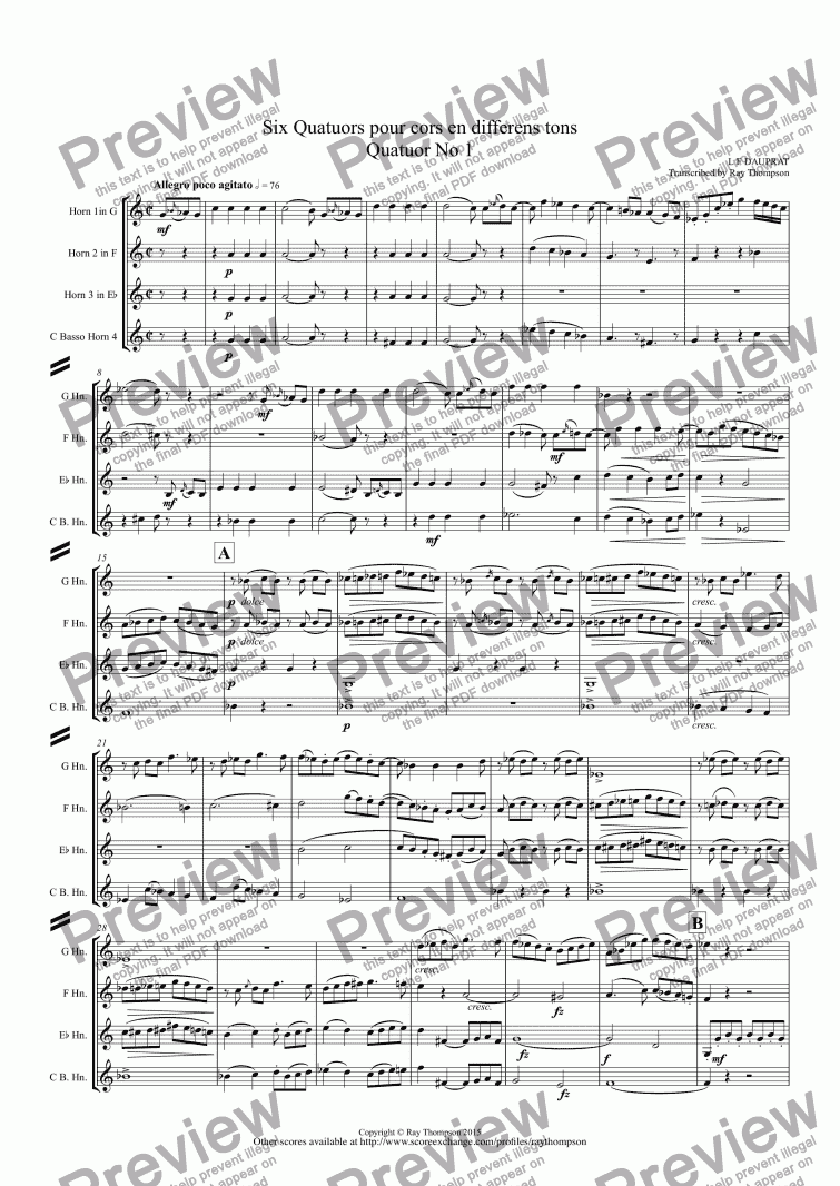 page one of Dauprat: Six Quatuors pour cors en different tons (Six quartets  for horns in different keys): horn quartet