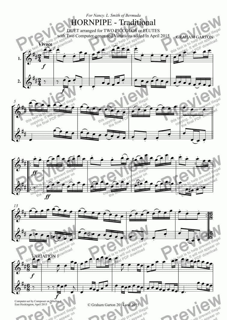 page one of INSTRUMENTAL - ’HORNPIPE’ - Traditional: DUET for TWO PICCOLOS or FLUTES with Two computer-generatedvariaions