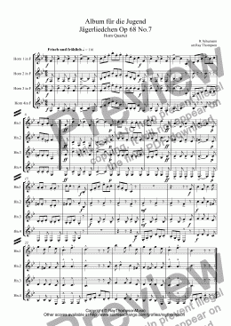 page one of Schumann:Album für die Jugend (Album for the Young) Jägerliedchen (Hunting Song) Op 68 No.7(transposed) arr.horn quartet