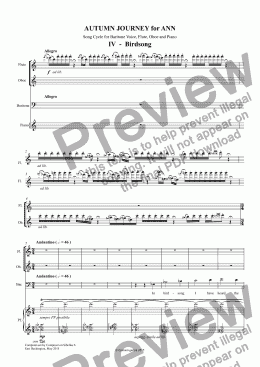 page one of *SONG CYCLE - ’AUTUMN JOURNEY for ANN’ - Song Cycle for Flute, Oboe, Baritone Voice and Piano - IV - Birdsong - INTERLUDE III ad lib. - Words: J. R. Heron    