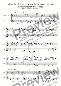 page one of Schumann: Album für die Jugend (Album for the Young) (Op.68) Three pieces for clarinet duet (Set C): Nos. 9.Volksliedchen (Folk Song),17. Kleiner Morgenwanderer (Little morning wanderer),18.Schnitterlieden ( The reaper's song)