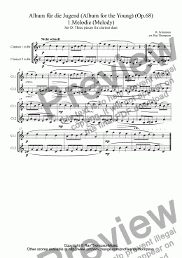 page one of Schumann: Album für die Jugend (Album for the Young)(Op.68) Three pieces for clarinet duet (Set D): Nos. 1.Melodie (Melody), 5.Stückchen (A little piece),10.Fröhlicher Landmann  (The merry peasant)