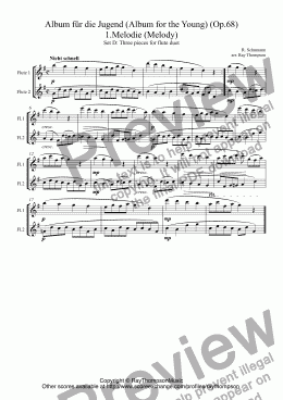 page one of Schumann:Album für die Jugend (Album for the Young)(Op.68) Three pieces for flute duet (Set D): Nos. 1.Melodie (Melody), 5.Stückchen (A little piece),10.Fröhlicher Landmann  (The merry peasant)