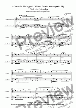 page one of Schumann:Album für die Jugend (Album for the Young)(Op.68) Three pieces for saxophone duet (Set D): Nos. 1.Melodie (Melody), 5.Stückchen (A little piece),10.Fröhlicher Landmann (The merry peasant)