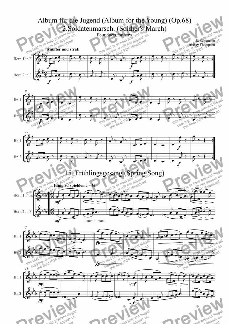 page one of Schumann: Album für die Jugend (Album for the Young) (Op.68) Four pieces for horn duet: Nos 2.Soldatenmarsch. (Soldier’s March), 15. Frühlingsgesang (Spring Song), 20.Ländliches Lied (Rustic Song), 7.Jägerliedchen (Hunting Song) 