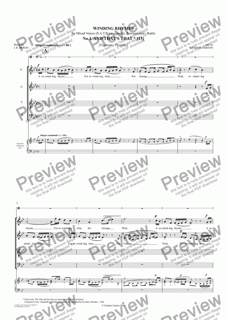 page one of *SONG CYCLE - ’WINDING RHYMES’ about clocks. Thirteen Light-Hearted - Vignettes for SATB a cappella with 1 Percussion (Rattle) - Words: J. R. Herono1 AND THAT’S THAT, No.2 PARADOX, NO.3 THE GREAT GRANDFATHER CLOCK Words: J. R. Heron