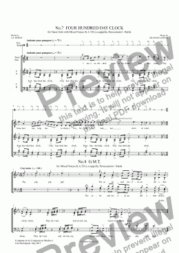 page one of *SONG CYCLE- ’WINDING RHYMES’ Vignette for SATB a cappella - No.7  ’FOUR HUNDRED DAY CLOCK’, No.8  'G.M.T.' - Words J. R. Heron           Words: . R. Heron