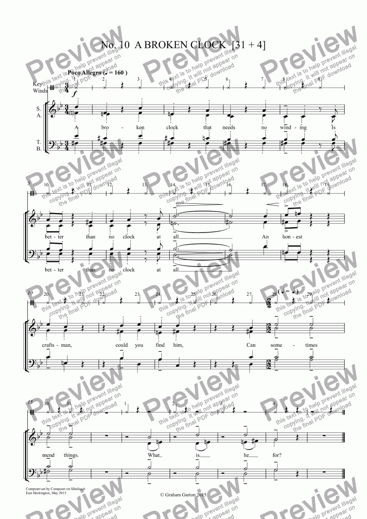 page one of *SONG CYCLE’ - ’WINDING RHYMES’ Vignette for SATB a cappella No. 10  'A BROKEN CLOCK'  [31 + 4] Words: J. R. Heron