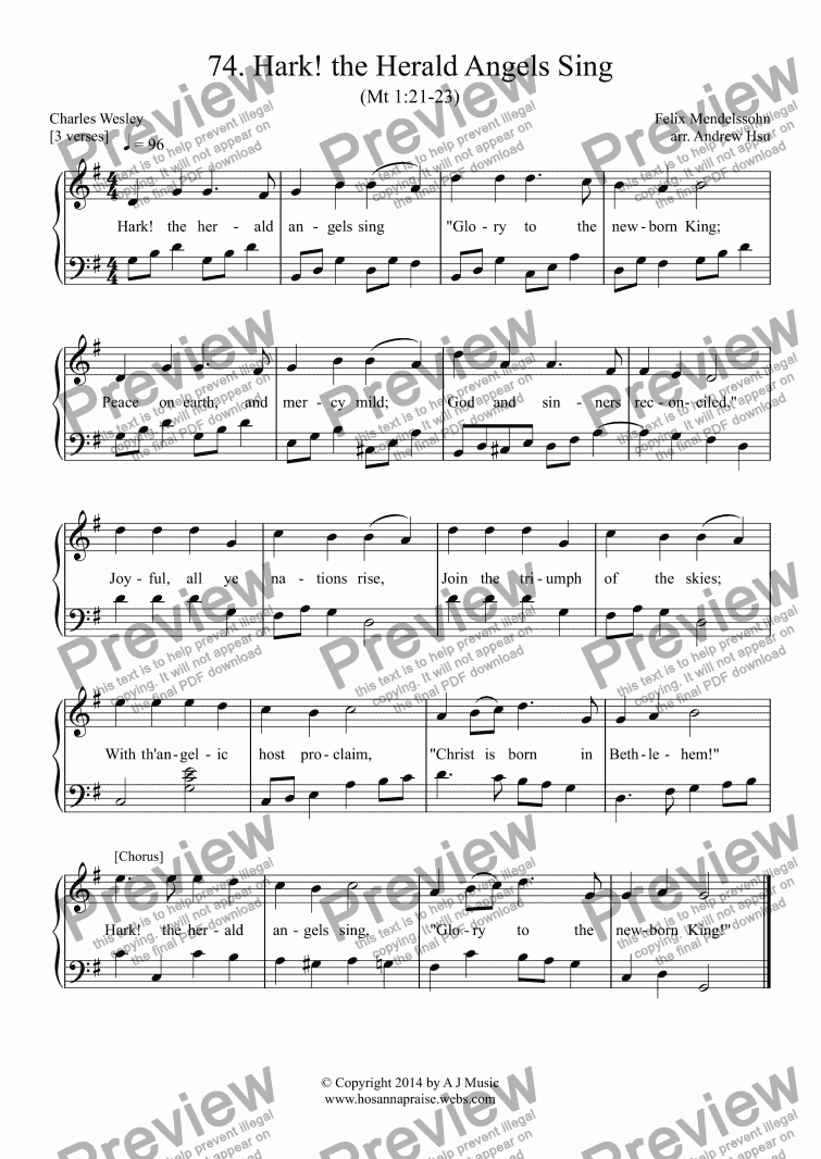 page one of Hark! the Herald Angels Sing - Easy Piano 74