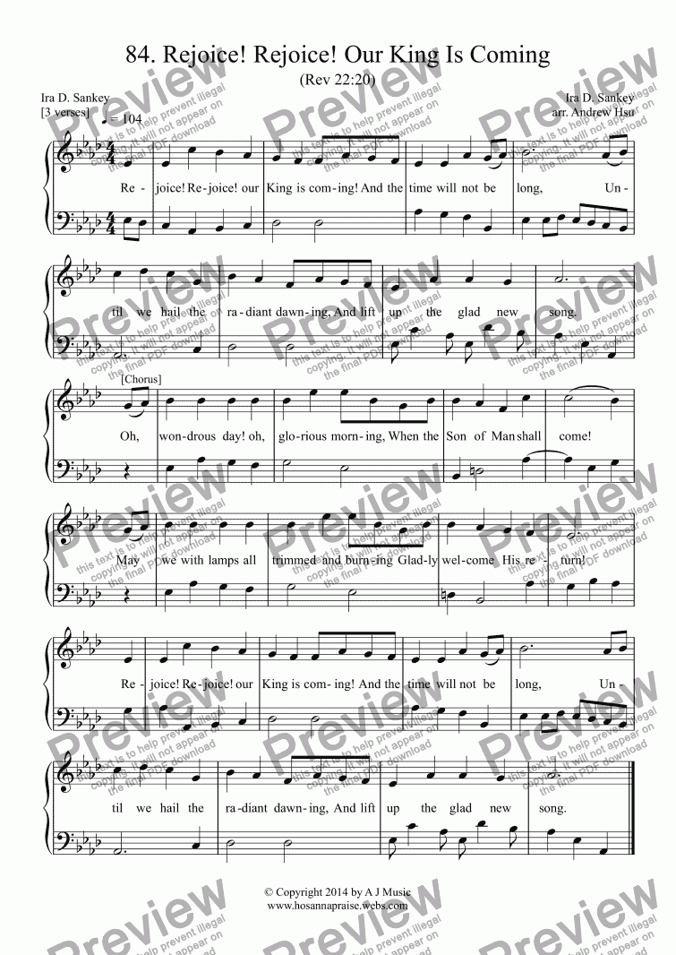 page one of Rejoice! Rejoice! Our King Is Coming - Easy Piano 84