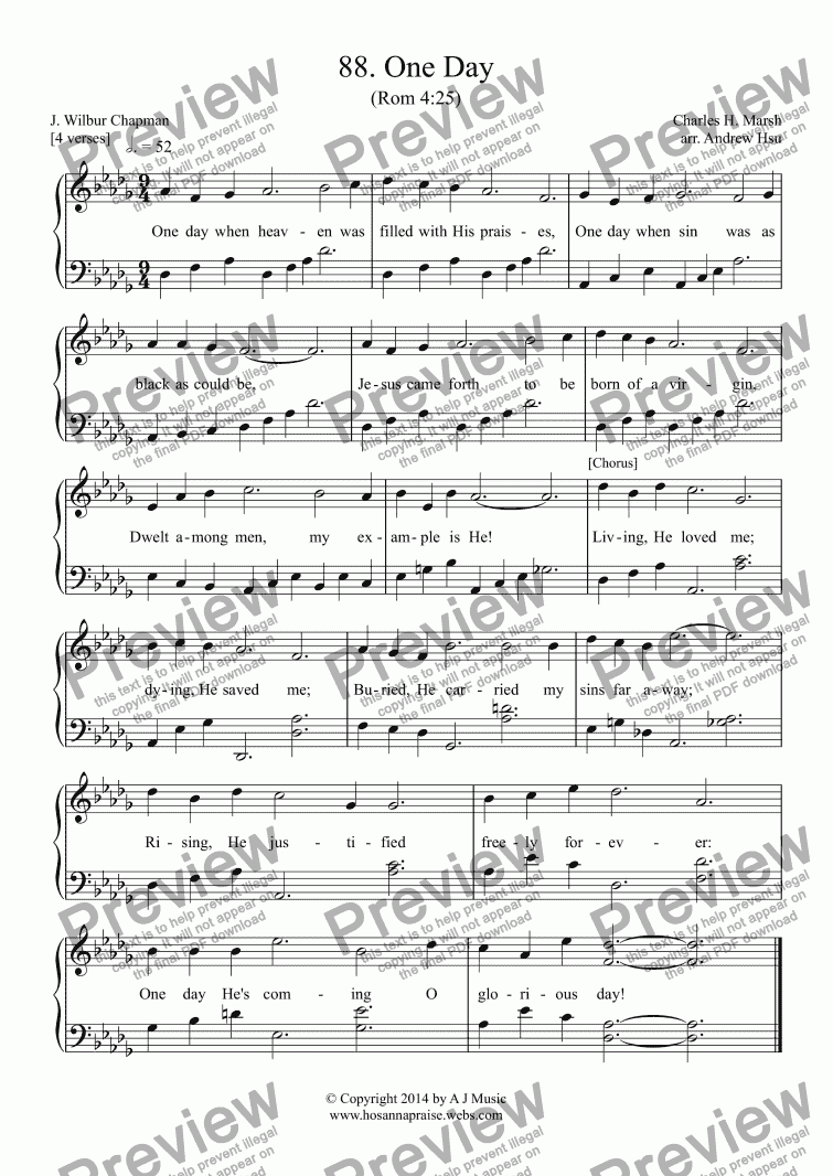 page one of One Day - Easy Piano 88