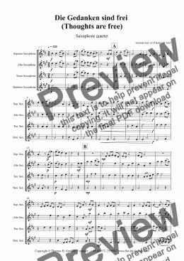 page one of Die Gedanken sind frei - (Thoughts are free) - German Folk Song  - Saxophone Quartet