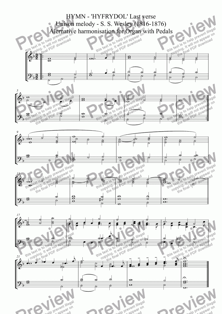 page one of HYMN - ’HYFRYDOL’ Last verse  Unison melody - S. S. Wesley (1816-1876)  Alernative harmonisation for Organ with Pedals