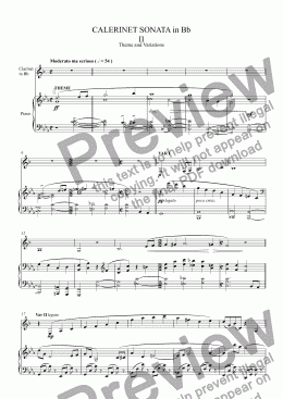page one of CLARINET SONATA in Bb - for Clarinet and Piano -  Second Mvt. Theme and Variations