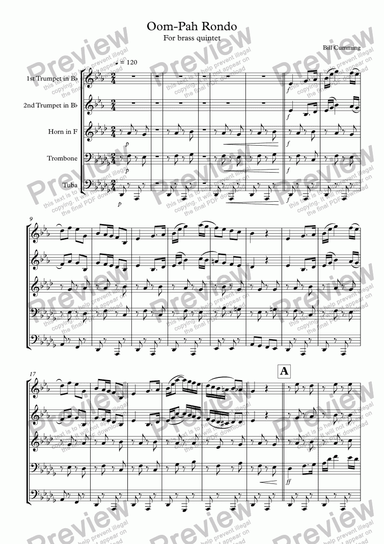 page one of "Oom-Pah Rondo" for brass quintet