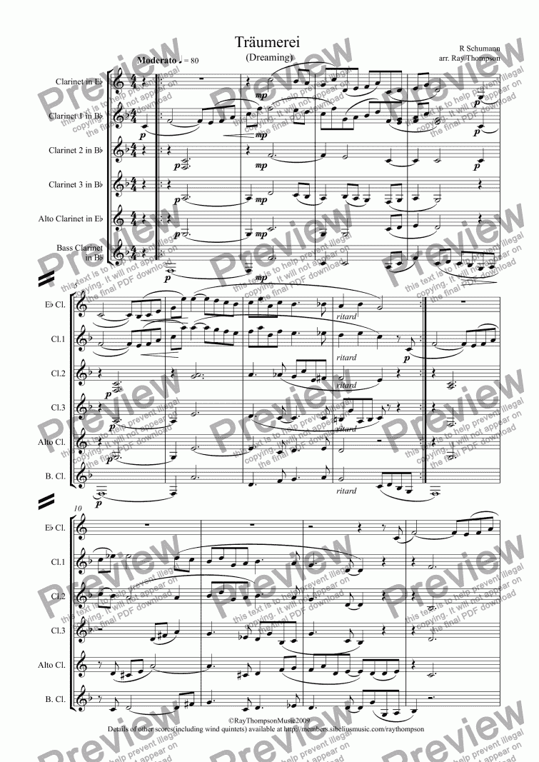 page one of Schumann:Scenes from Childhood (Kinderscenen): 7.Träumerei (Dreaming) arr. clarinet choir
