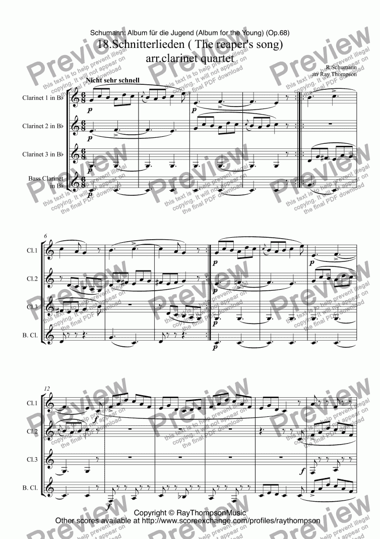 page one of Schumann: Album für die Jugend (Album for the Young) (Op.68) 18.Schnitterlieden ( The reaper’s song) arr.clarinet quartet