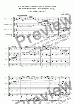 page one of Schumann: Album für die Jugend (Album for the Young) (Op.68) 18.Schnitterlieden ( The reaper’s song) arr.clarinet quartet