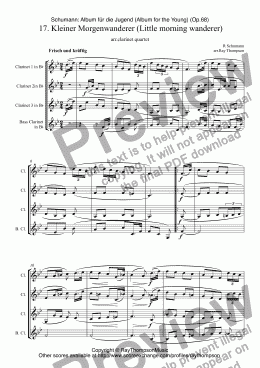 page one of Schumann: Album für die Jugend (Album for the Young) (Op.68)  17. Kleiner Morgenwanderer (Little morning wanderer) arr.clarinet quartet