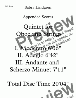 page one of Quintet for Oboe and Strings Appended Scores I-III