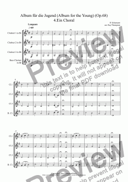 page one of Schumann: Album für die Jugend (Album for the Young) (Op.68) No. 4.Ein Choral arr. clarinet quartet