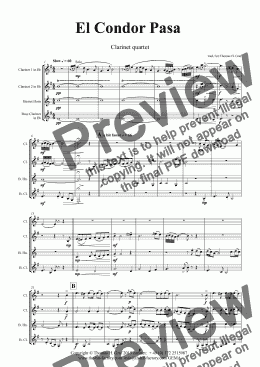 page one of El Condor pasa - Peruvian Folk Song - Clarinet Quartet