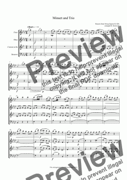 page one of Mozart - Minuet and Trio from K 428, for woodwind quartet (Fl. Ob. Clt. & Bsn.)