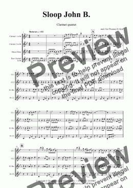 page one of Sloop John B. - Clarinet Quartet