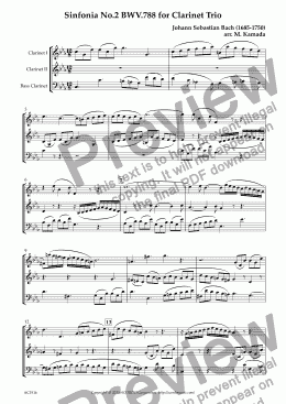 page one of Sinfonia No.2 BWV.788 for Clarinet Trio