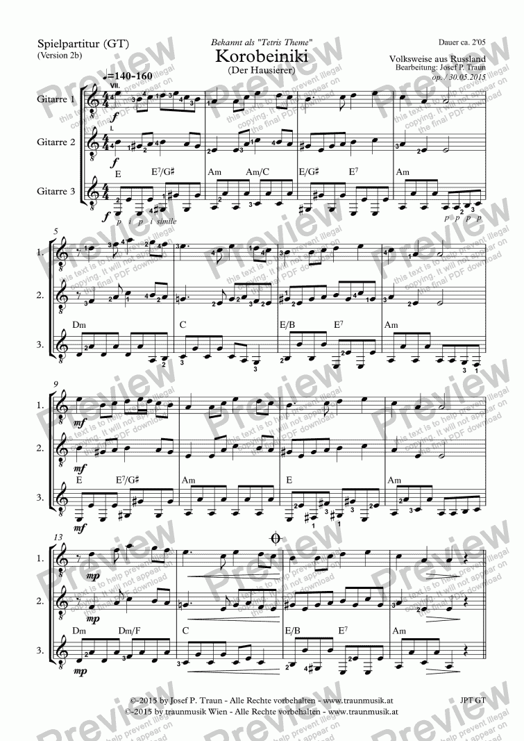 page one of Korobeiniki (Der Hausierer/GT/Score)