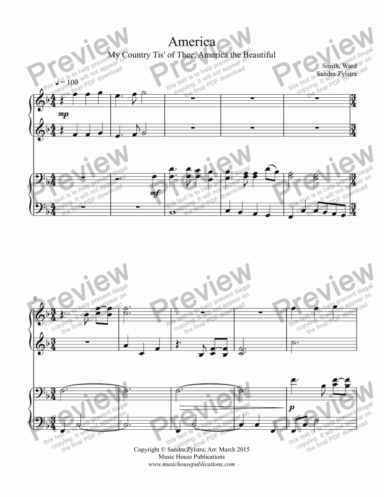 page one of America (piano duet)