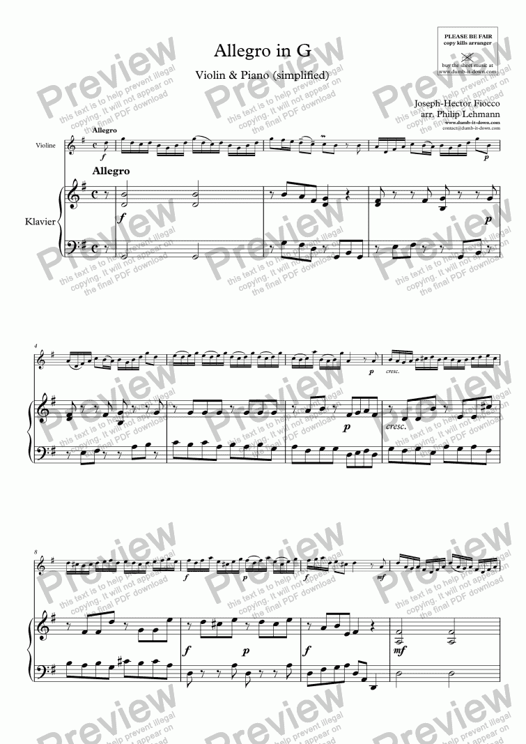 page one of Fiocco, J.H. - Allegro in G - for Violin (orig.) & Piano (simplified)