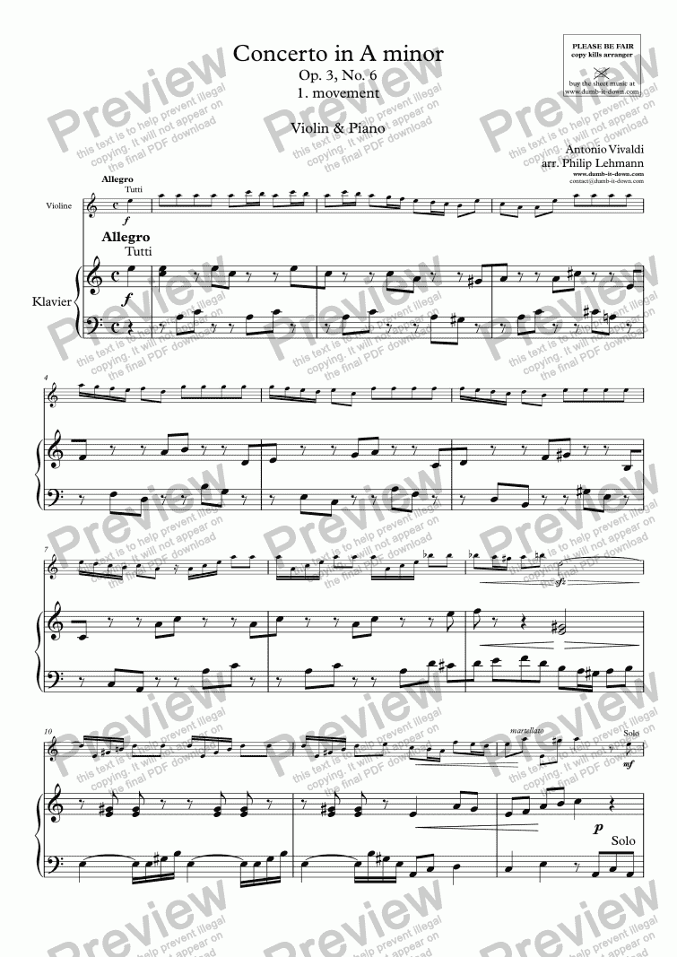 page one of Vivaldi, A. - Concerto in a, Op.3 No.6; 1st mov. - for Violin (orig.) & Piano (simplified)