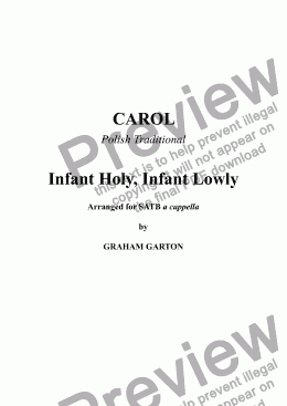 page one of CAROL -  ’INFANT HOLY, INFANT LOWLY’ Polish Carol arranged for SATB a cappella for Worship or Concert use.