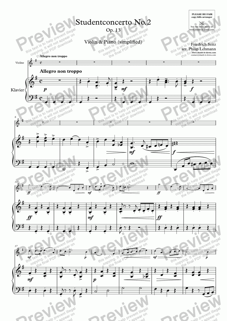 page one of Seitz, F. - Pupil’s Concerto No.2, Op.13 - for Violin (orig.) & Piano (simplified)