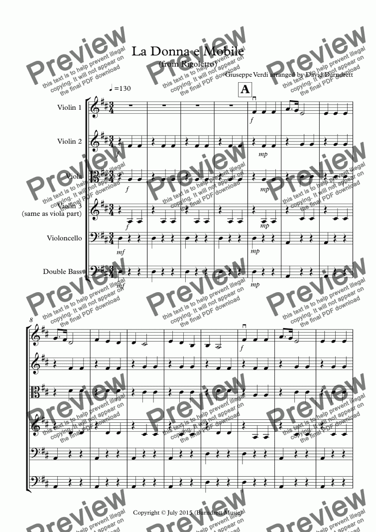 page one of La Donna e Mobile (from Rigoletto) for String Orchestra
